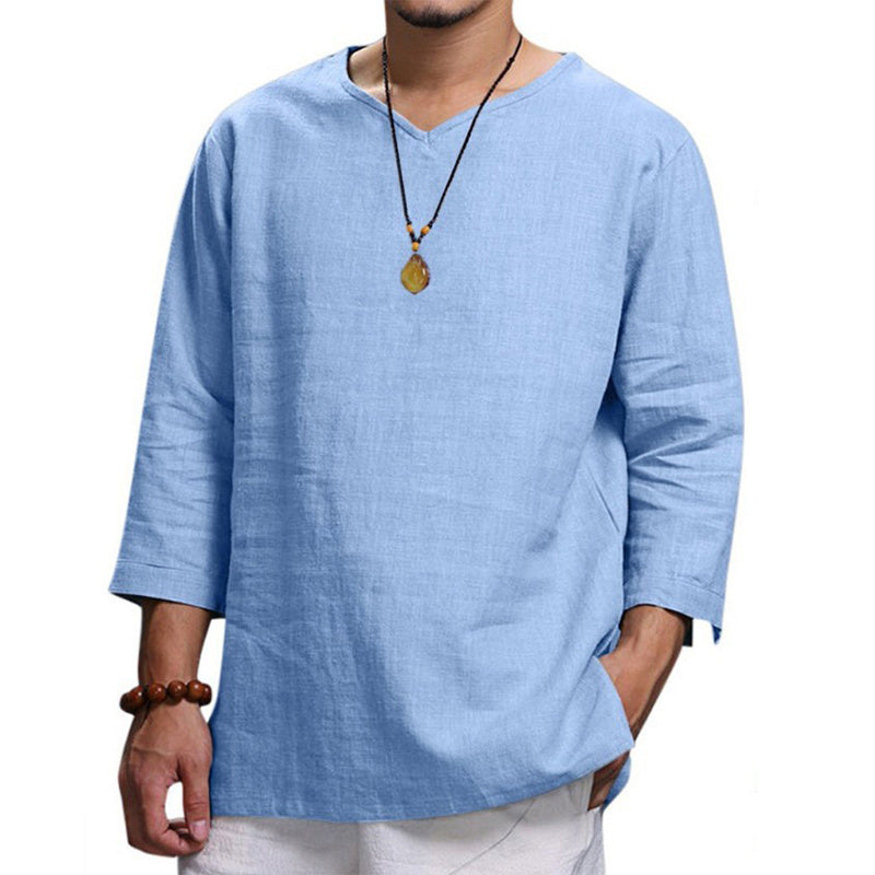 Loose Casual V-neck Top Cotton And Linen Long Sleeve Pullover Shirt Mens Clothing Light Blue