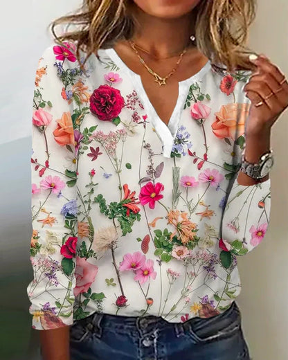 Lovely Women's Printed V-neck Long-sleeved T-shirt Top