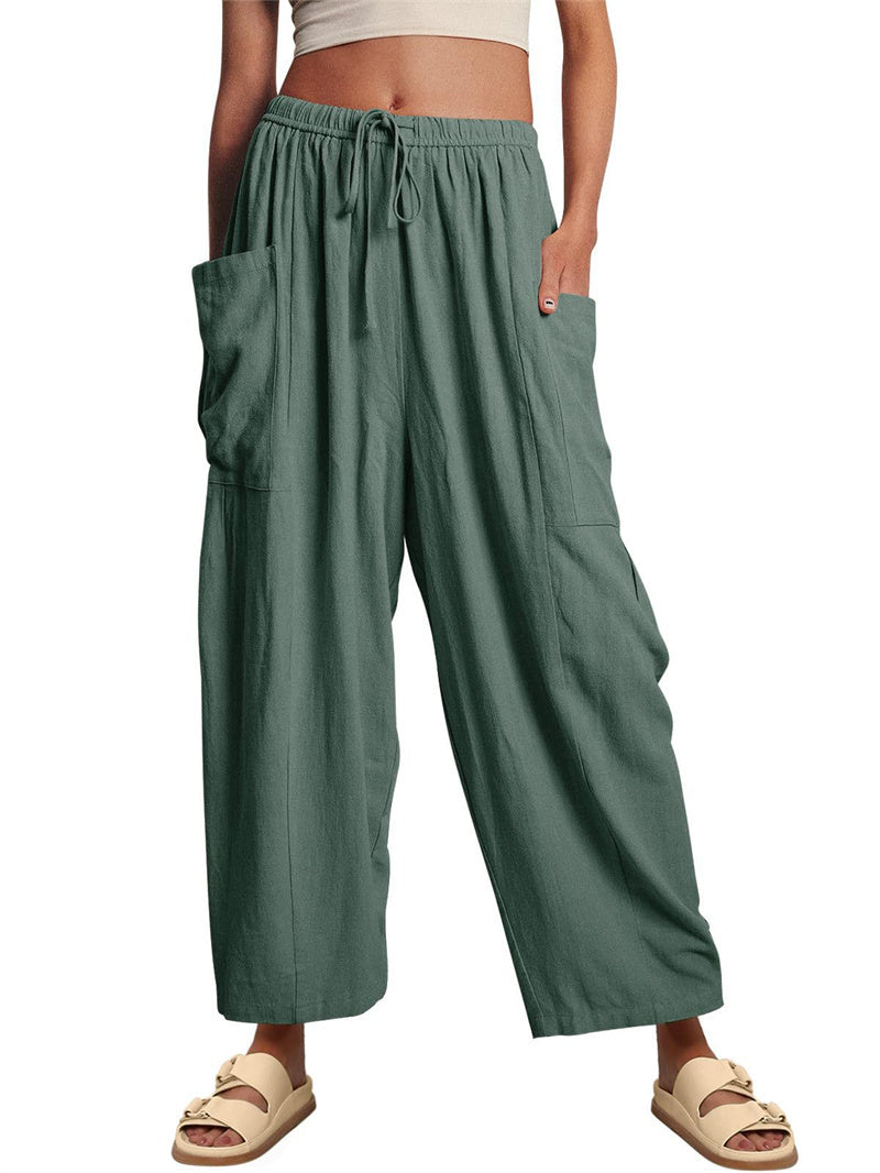 Fashion Wide Leg Pants Summer Loose Elastic High Waist Pleated Trousers Solid Color Womens Clothing Green