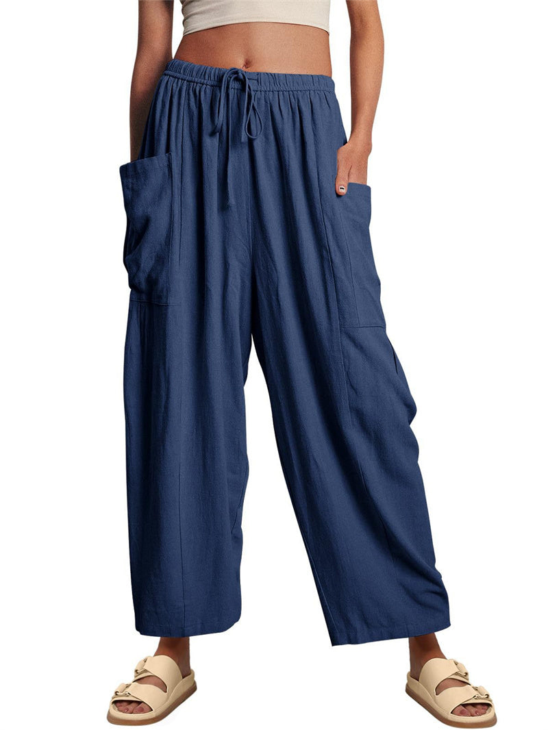 Fashion Wide Leg Pants Summer Loose Elastic High Waist Pleated Trousers Solid Color Womens Clothing Dark Blue