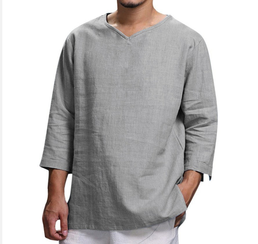 Loose Casual V-neck Top Cotton And Linen Long Sleeve Pullover Shirt Mens Clothing Grey