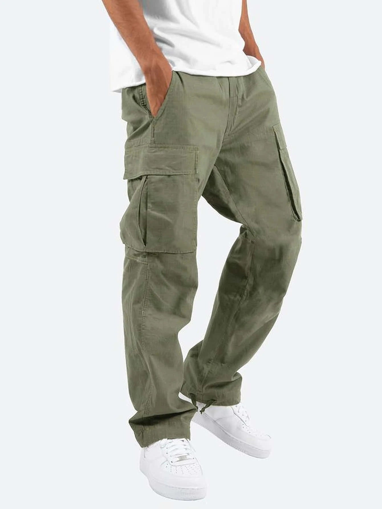 Elegant Men's Workwear Drawstring Multi-pocket Casual Pants Green