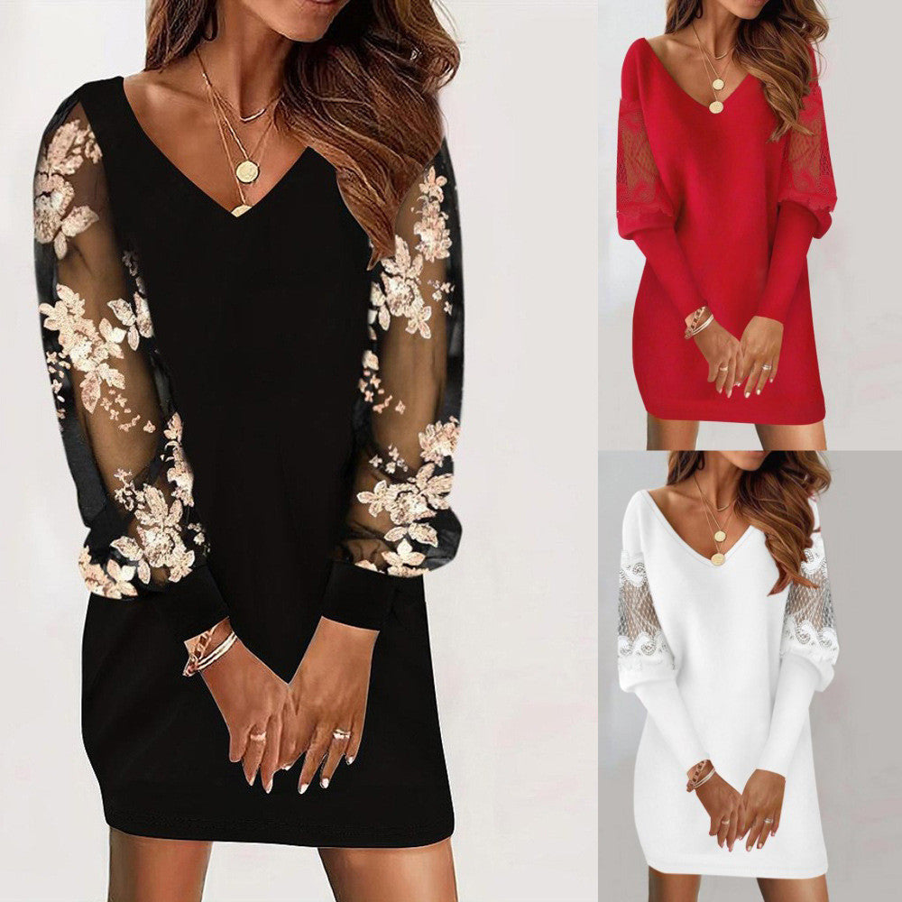 Elegant Lovely Long Sleeve V-neck Dress Spring And Autumn Lace Splicing Dress