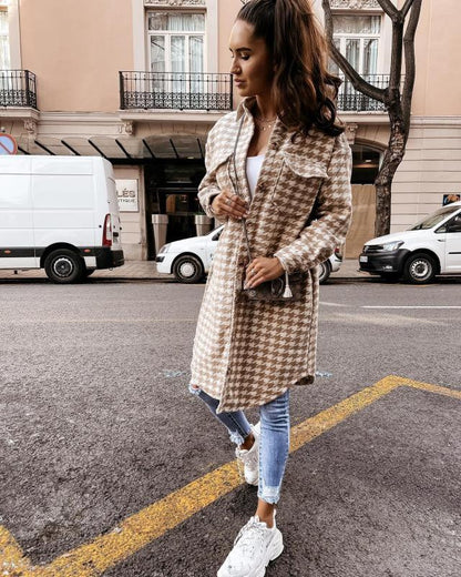 Lovely New Houndstooth Print Woolen Coat Jacket Mid-Length Women Ladies Clothing