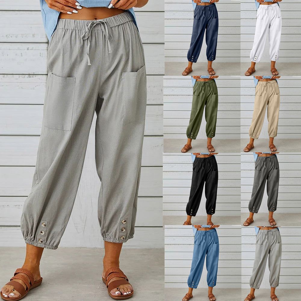 Elegant Women Drawstring Tie Pants Spring Summer Cotton And Linen Trousers