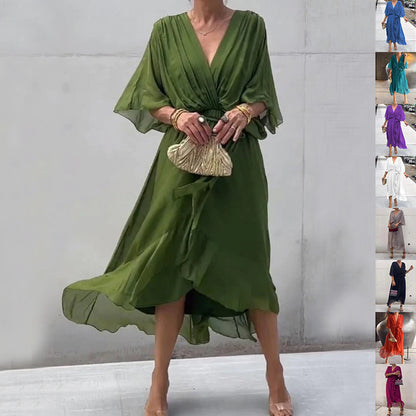 Elegant Women's Batwing Sleeve V-neck Dress Summer Pure Color Tied Irregular Long Dresses Womens Clothing