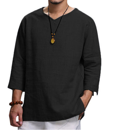 Loose Casual V-neck Top Cotton And Linen Long Sleeve Pullover Shirt Mens Clothing Black